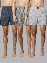 Men's Multicolor, 100% Cotton, Printed, Regular Fit, Inner Elastic, Mid-Rise, Boxers- Pack of 3